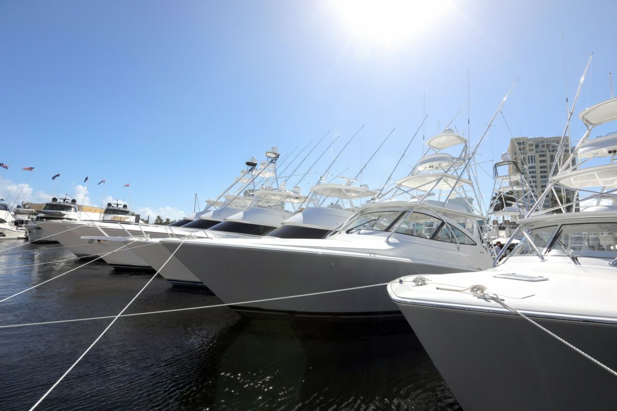 boat bows floating in water at the Ft Lauderdale boat show