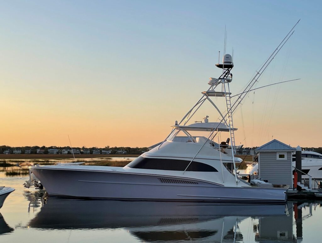 The Lunatico at rest at the dock in the water.