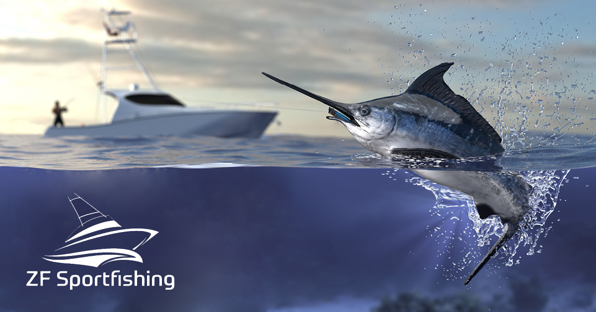 ZF Sportfishing image with breeching sailfish in foreground and sport fishing boat in background