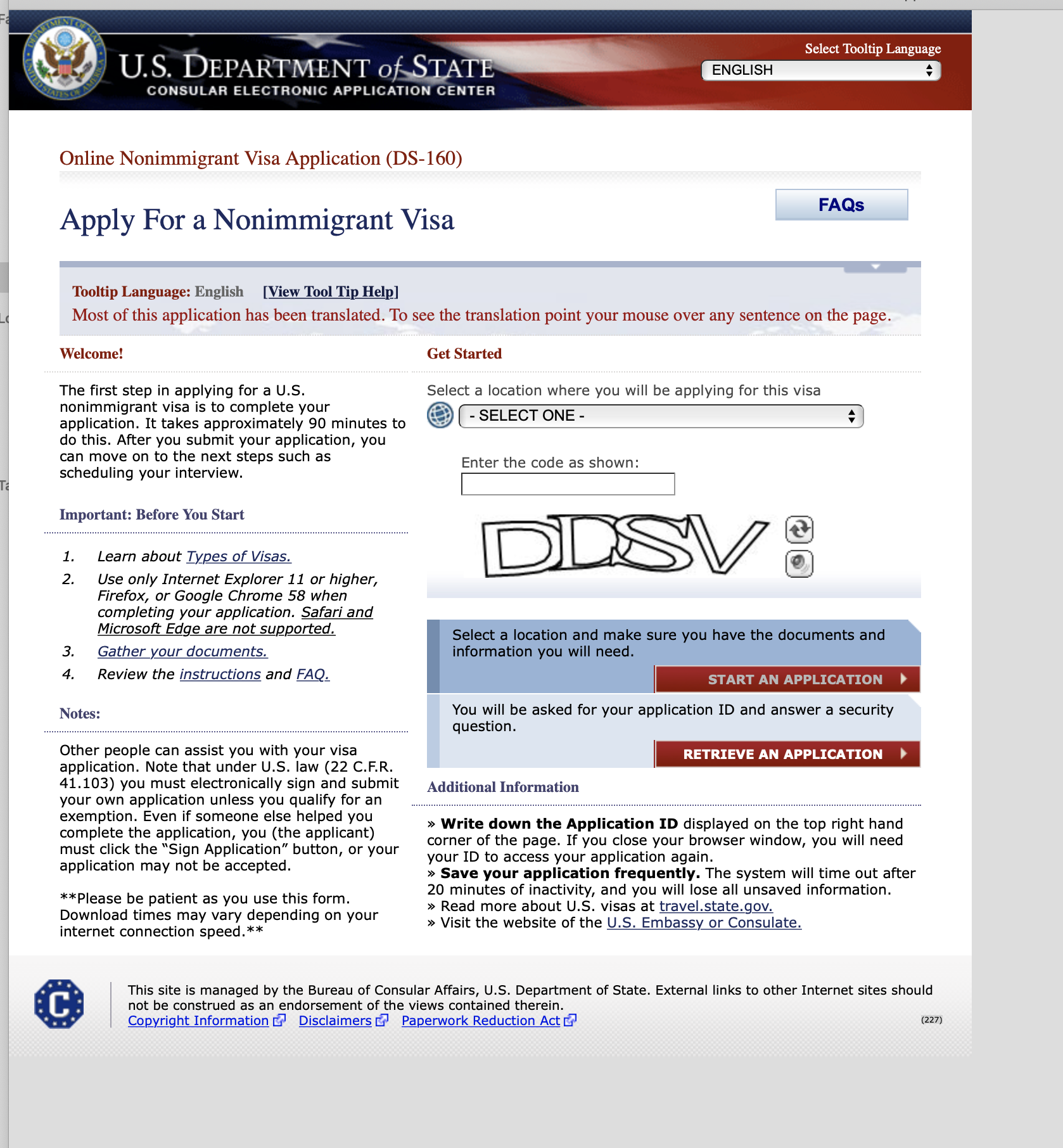 US nonimmigrant visa application webpage
