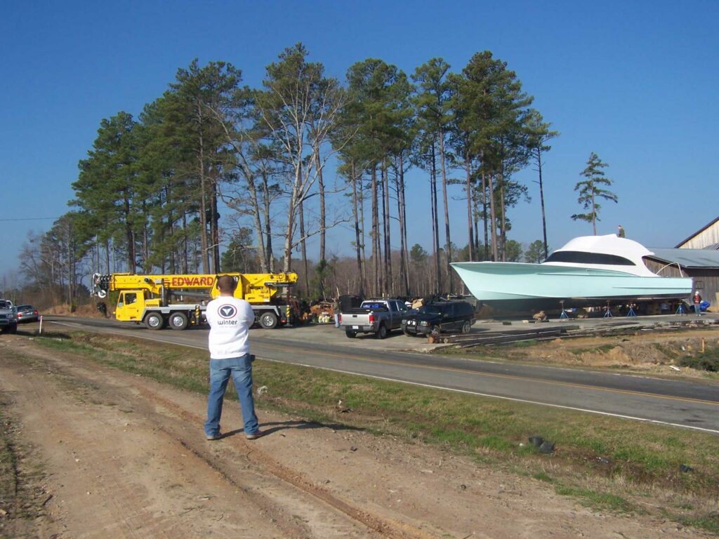 Hull #1 is loaded on a transport trailer en route to Beaufort, North Carolina, for its first sea trial.