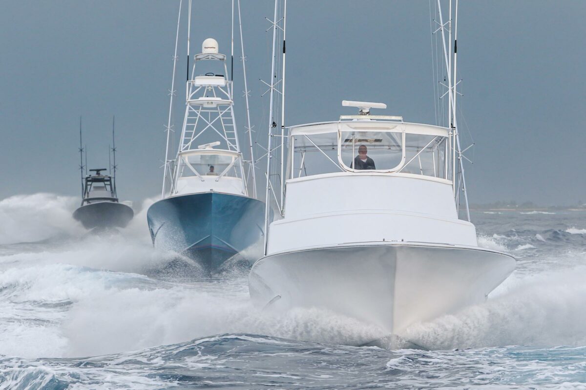 A fleet of sportfish boats return to the dock after spending time offshore, courtesy of an onboard gyro stabilization system.