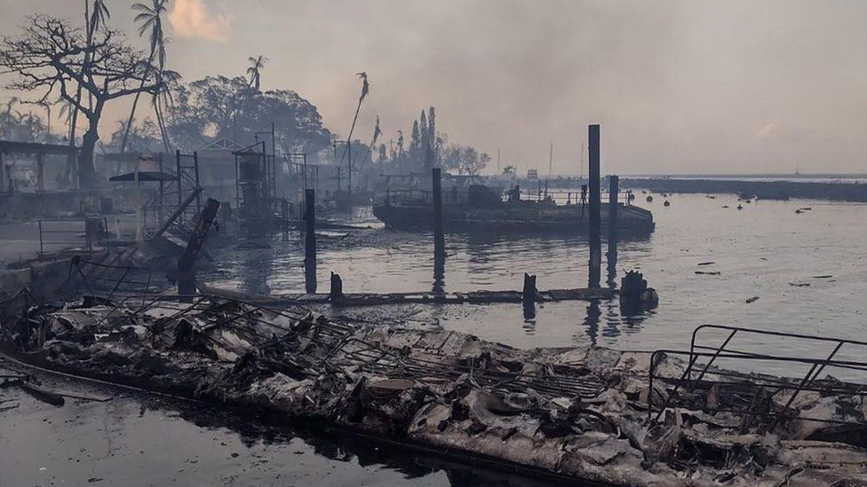 Photo of a destroyed marina after the devastating 2023 fire