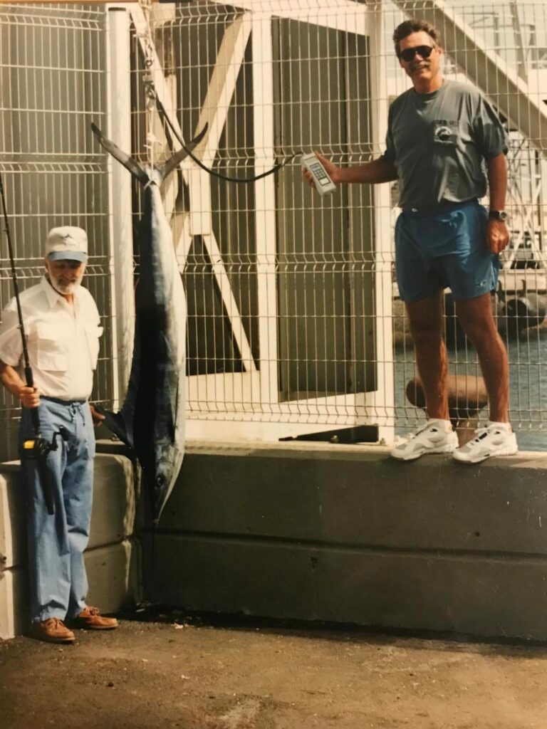L to R: Stewart Campbell and Capt. Bark Garnsey, with Campbell’s 16-pound men’s record 820-pound Atlantic blue marlin, caught off Grand Bereby, Ivory Coast, on April 9, 1992. Photo: Charles Perry