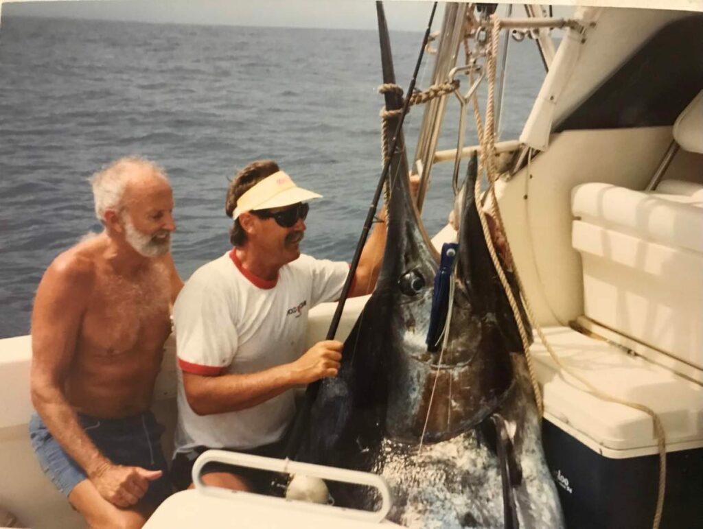 L to R: Stewart Campbell and Capt. Bark Garnsey, with Campbell’s 16-pound men’s record 820-pound Atlantic blue marlin, caught off Grand Bereby, Ivory Coast, on April 9, 1992. Photo: Charles Perry