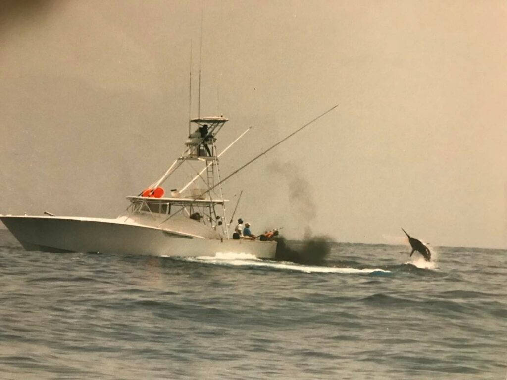 The Chunda Team, with Captain Barkley Garnsey at the helm and Stewart Campbell in the chair fight and release a grander-plus Atlantic blue marlin. Photo: Charles Perry
