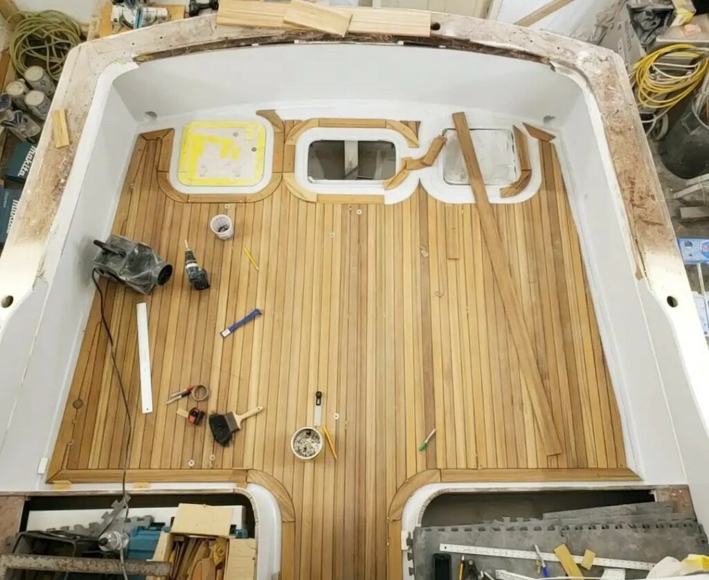 teak being replaced during the boat refit
