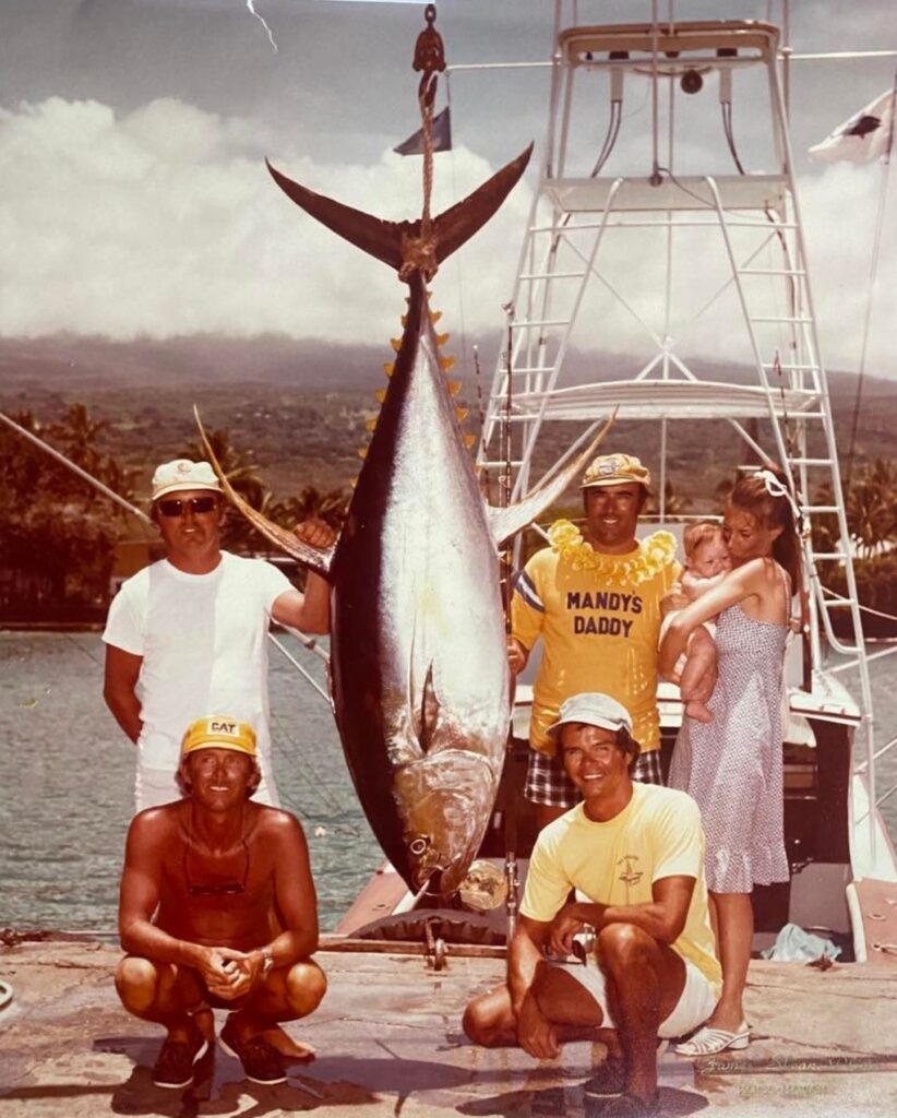Angler Steve Zuckerman (second from right in yellow shirt) proudly displays his world record 240.5-pound yellowfin tuna, caught on 30-pound test while fishing with Capt. Brown aboard the 'No Problem' in 1978.
