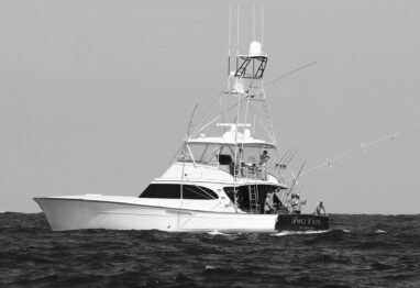 Sportfishing Yacht Design and Technology apparent on this boat out fishing on the ocean
