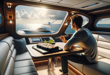 Crafting Sushi on your Sportfishing Boat and a guy eating it looking out the window of a boat