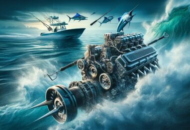 futuristic image of motor in water and fish jumping