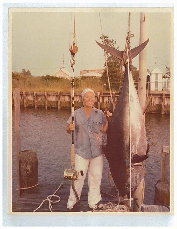 Charlene Sanford, wife of Adam Sanford of the Manasquan River Marlin & Tuna Club, with her 317 lb. 12 oz lady’s world record on 80-pound test, caught July 23, 1978.