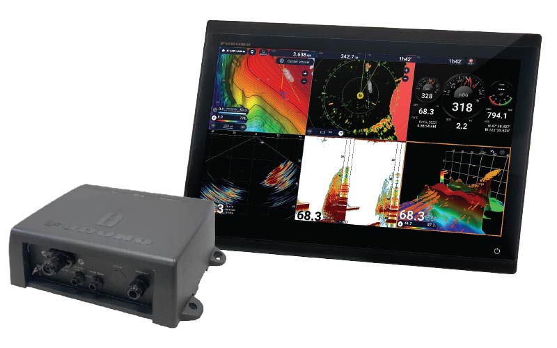 Furuno's DFF3D Multibeam Sonar showing a screen and a grey module box 