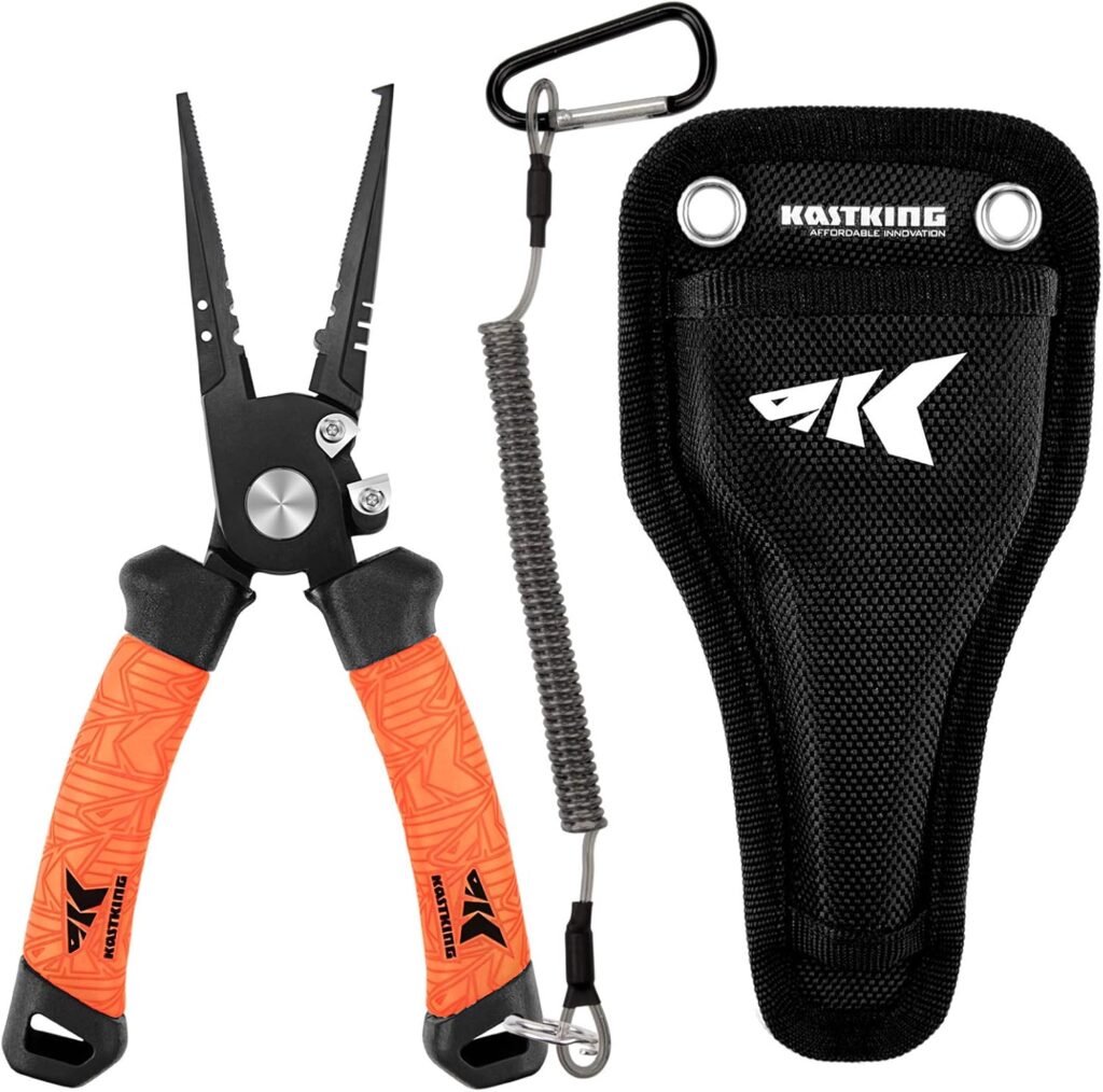 black and orange fishing pliers with a black plier case