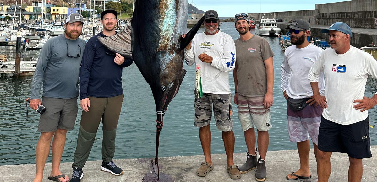 6 guys standing with a dead marlin