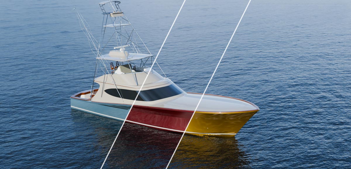 Alexseal Color Configurator showing a sportfish boat with a multi color hull