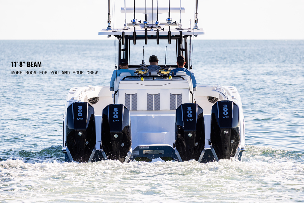 Invincible Boats 36' Catamaran aft view of 4 outboard motors