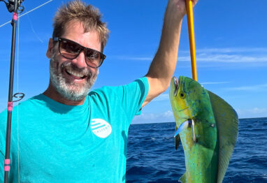 A man Targeting Mahi Mahi and holding one up with a fishing gaff