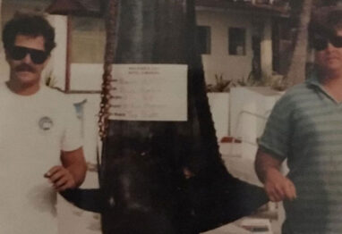 Captain Mitch Pierson birthday blue marlin off walkers cay L to R Joe Nolan and Mitch Pierson