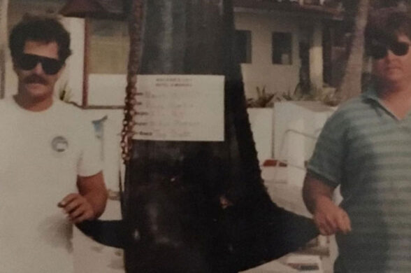 Captain Mitch Pierson birthday blue marlin off walkers cay L to R Joe Nolan and Mitch Pierson