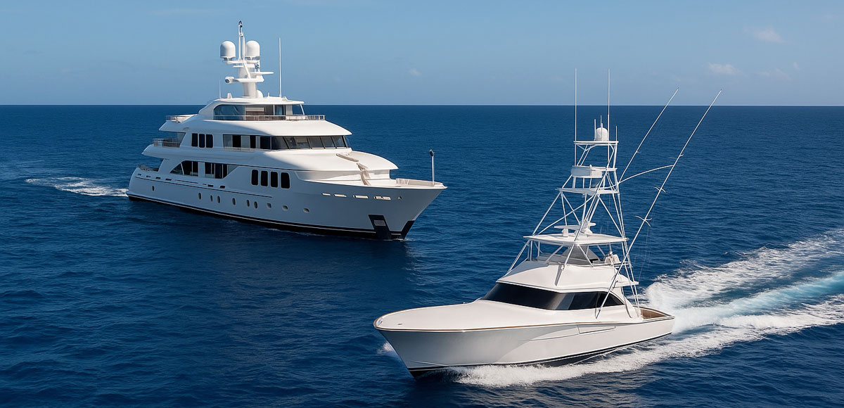 Fishing jobs in Yachting showing a yacht and sportfishing boat