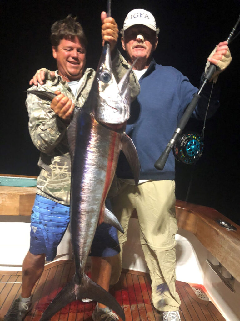 swordfish fly fishing next to a capture of a nightime swordfish