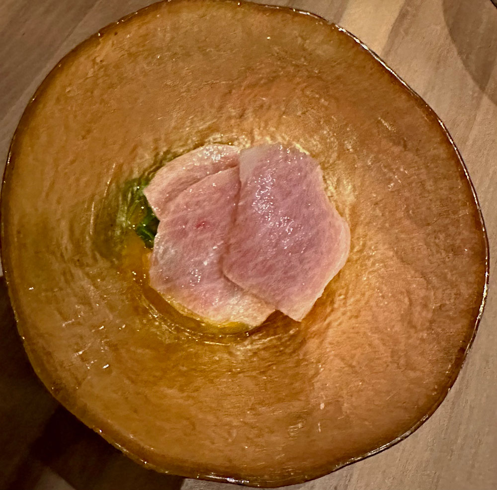 tuna fillet on a gold colored plate