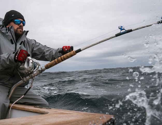 a man fighting a fish with a large fishing rod in foul weather