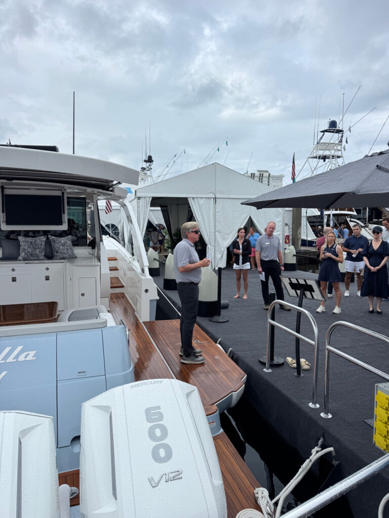 Pat Healy CEO of Viking Yachts giving a press conference on the new model The Valhalla 55 Sport Yacht