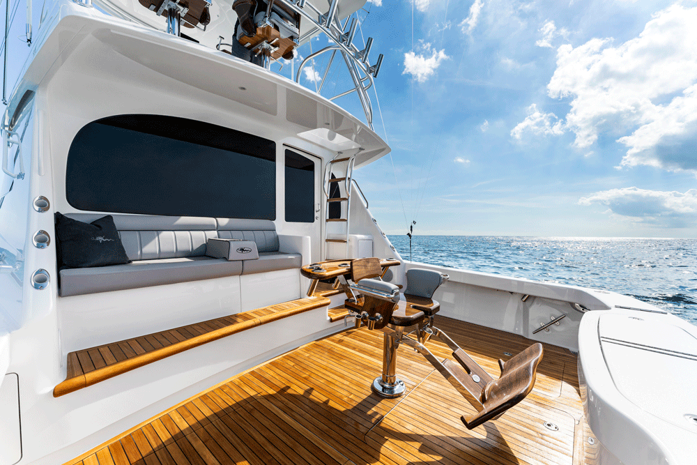 Viking 50 cockpit with the fighting chair in center of image