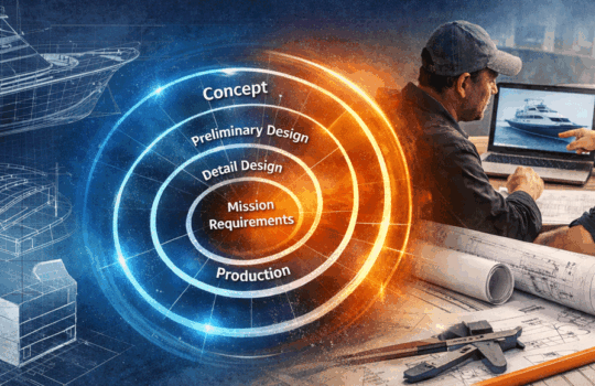 an image showing THE BOAT DESIGNER/BUILDER RELATIONSHIP two guys looking at a computer screen of a boat