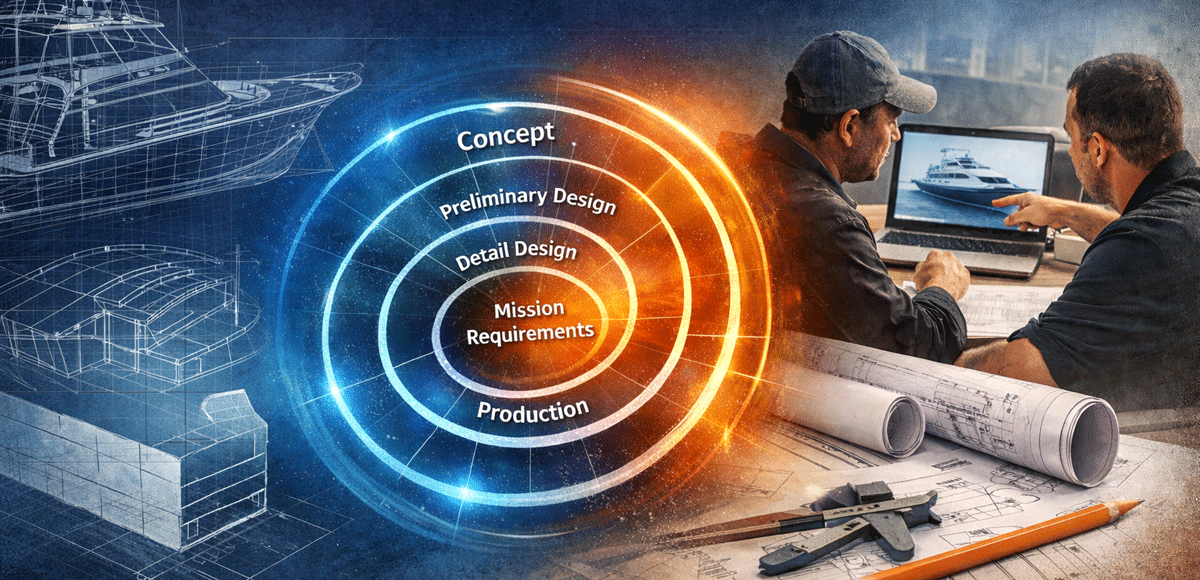 an image showing THE BOAT DESIGNER/BUILDER RELATIONSHIP two guys looking at a computer screen of a boat