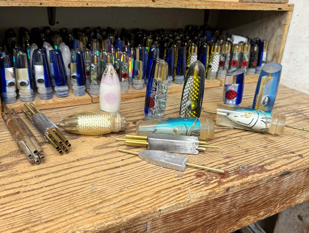 lures on a bench