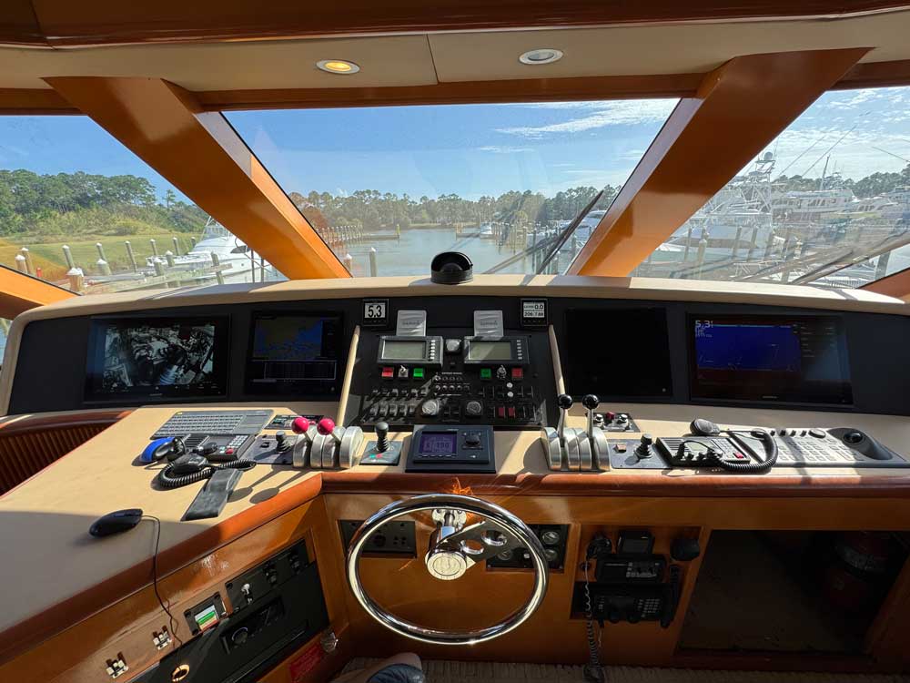 the interior bridge of a enclosed sportfishing boat