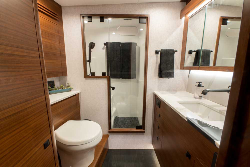 a boat head or bathroom in wood veneer