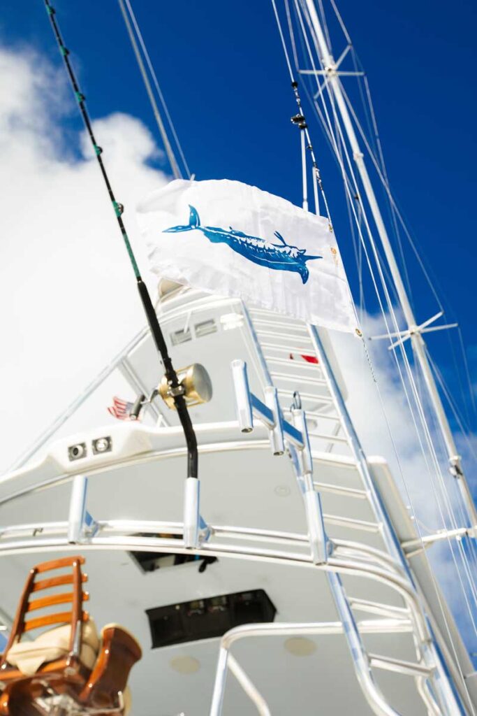 a blue marlin flag caught with a boat with Cat engines