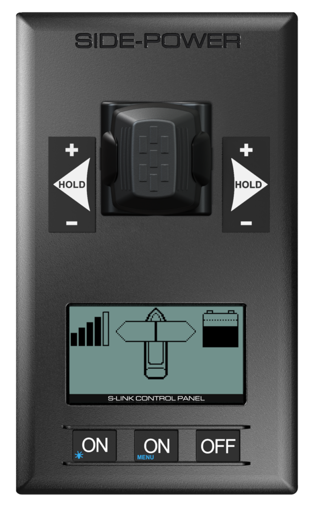 Side-Power S-Link control panel with joystick, proportional thrust controls, and LCD display