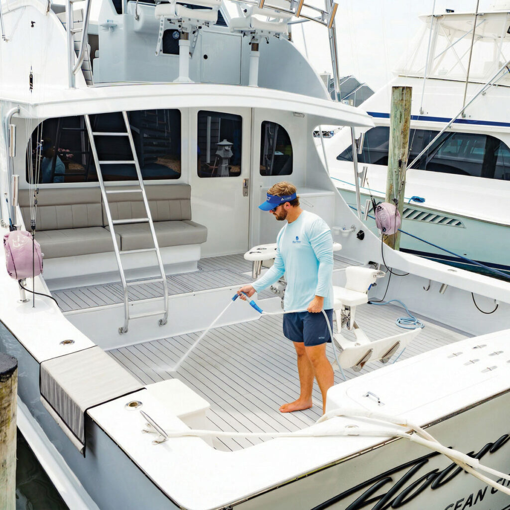 Crew member washing down the cockpit of a sportfishing boat with freshwater at the dock