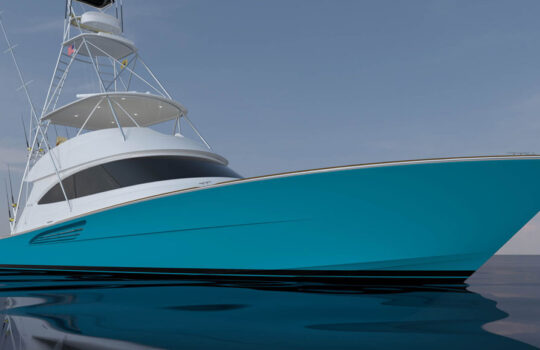 Viking 70 Convertible with a turquoise hull, open bridge, and Palm Beach Towers tuna tower and outriggers, on calm water