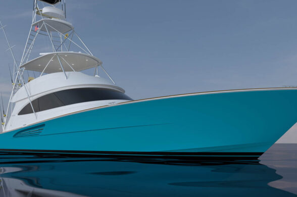 Viking 70 Convertible with a turquoise hull, open bridge, and Palm Beach Towers tuna tower and outriggers, on calm water