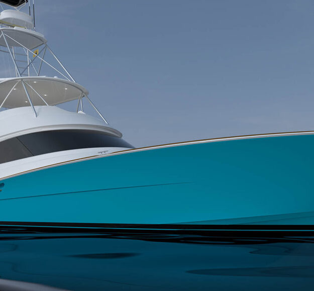 Viking 70 Convertible with a turquoise hull, open bridge, and Palm Beach Towers tuna tower and outriggers, on calm water