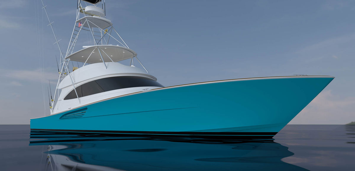 Viking 70 Convertible with a turquoise hull, open bridge, and Palm Beach Towers tuna tower and outriggers, on calm water