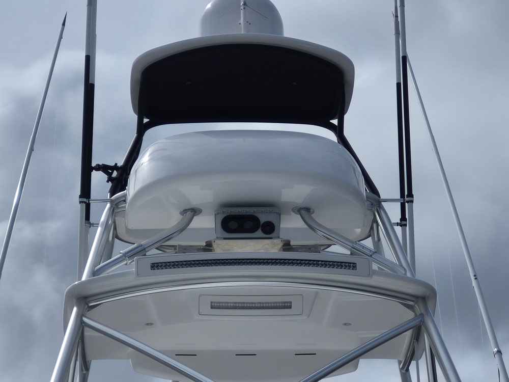 WhaleSpotter thermal-imaging camera mounted beneath the hardtop on the tuna tower of a Viking 70 Convertible.